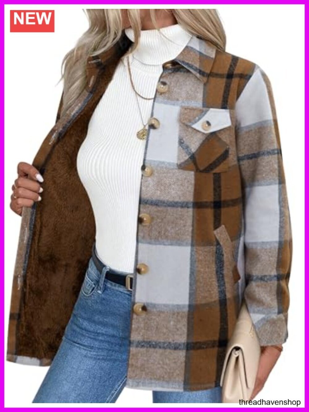 Fleece Sherpa Lined Flannel Shacket Winter Jacket with Pockets